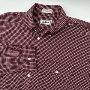 Vintage 80s LL Bean Windowpane Plaid Burgundy Men's M Button Up Made In USA